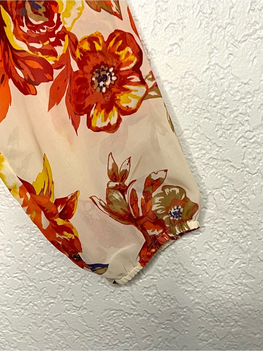 Charter Club Floral Peasant Blouse Boho Orange Beige Tie Neck Sheer Sleeve Top L - Picture 6 of 10